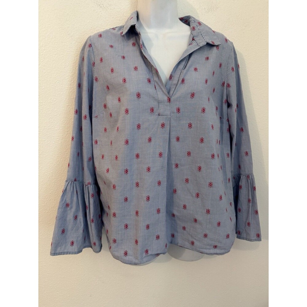 Kenar Blouse Peasant V Neck Blue White Stripe Red Embroidery Boho Coastal M